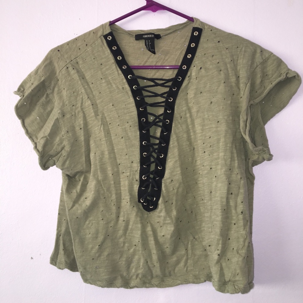 forever 21 small distressed navy green lace up top